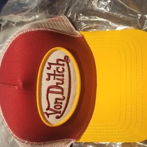 Von Dutch Red Crown Yellow Bill Trucker Hat
